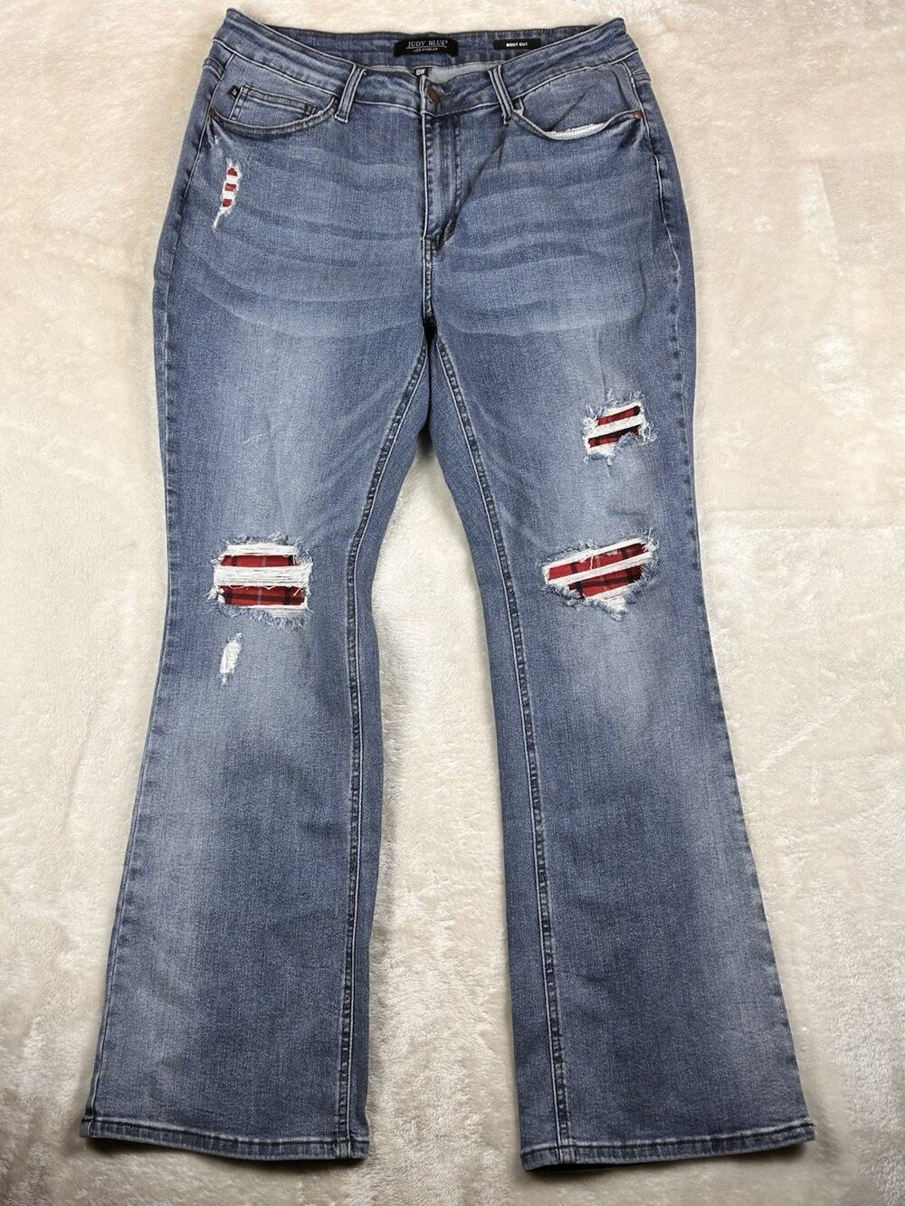 Judy Blue Jeans Women’s 18W Bootcut Distressed Plaid Patch Medium Wash JB88696